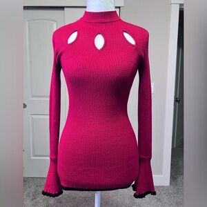 Candie's Ribbed Stretch Knit Top Cutouts Bell Cuffs Red withBlack accents Sz XS